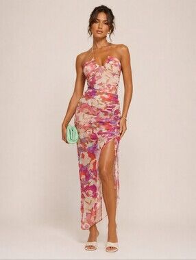 Nicholas Maeve Abstract Floral Halter Ruched Midi Dress Size 0
